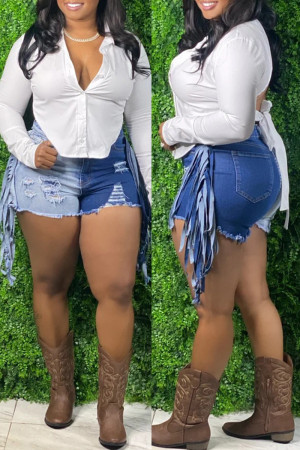 Blue Fashion Sexy Patchwork High Waist Jeans Hot Pants Tassel Ripped Fringed Denim Shorts