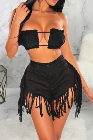 Black Fashion Casual Solid High Waist Regular Jeans Hot Pants Fringed Tassel Denim Shorts