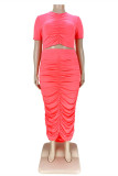 Rose Fluorescent Fashion Casual Solid Fold O Neck Plus Size Two Pieces