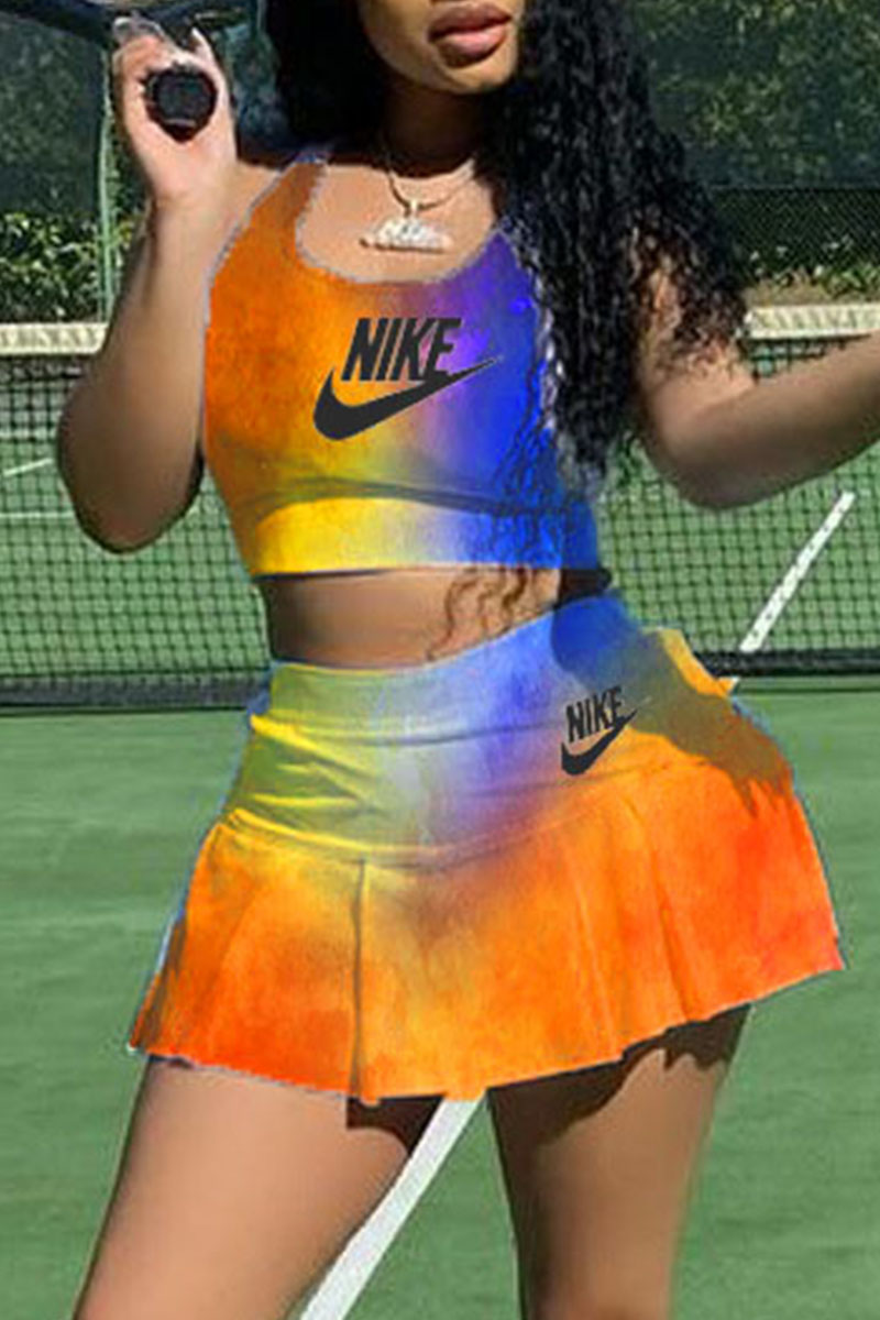 

Tangerine Red Sportswear Print Patchwork O Neck Two Pieces