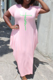 Vestido de manga corta con cuello en O asimétrico de patchwork con estampado casual rosa Vestidos de talla grande