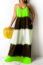 グリーンセクシーカジュアルプリントバックレススパゲッティストラップノースリーブドレス