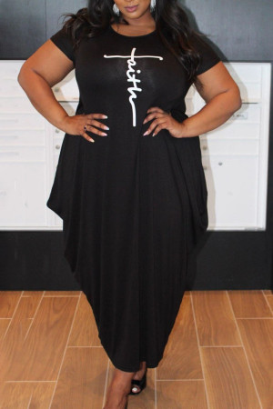 Vestido de manga corta con cuello en O asimétrico de patchwork con estampado casual negro Vestidos de talla grande