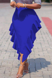 ブルーカジュアルソリッドフラウンスドレス