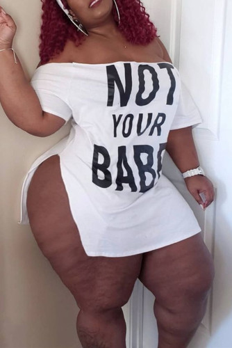 White Fashion Sexy Plus Size Letter Print Slit Off the Shoulder Short Sleeve Dress