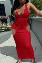 Rotes, sexy, lässiges, solides, ausgehöhltes Weste-Kleid mit U-Ausschnitt
