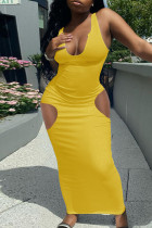 Robe jaune sexy décontractée solide évidée à col en U