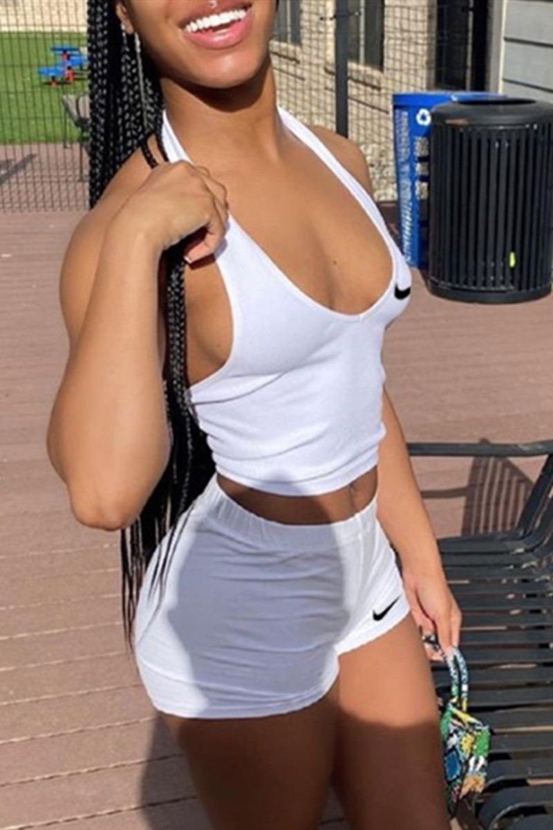 

White Casual Sportswear Solid Embroidered Halter Sleeveless Two Pieces
