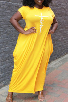 Yellow Casual Print Patchwork Asymmetrical O Neck Short Sleeve Dress Plus Size Dresses