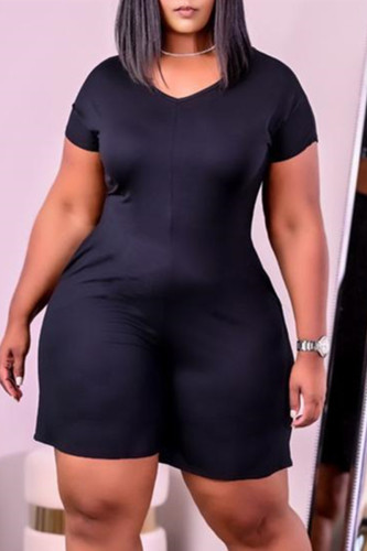 Black Fashion Casual Solid Basic V Neck Regular Romper