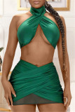 Чернильно-зеленый модный сексуальный однотонный лоскутный комбинезон с открытой спиной, бретелькой без рукавов, из двух предметов
