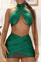 Ink Green Fashion Sexy Solid Split Joint Backless Halter Sleeveless Two Pieces