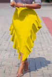 黄色のカジュアルなソリッドフラウンスドレス