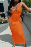 Oranje sexy casual effen uitgeholde u-hals vestjurk