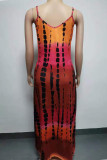 Orange Sweet Print Patchwork Spaghetti Strap Sling Dress Dresses