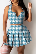 Blue Sexy Plaid Split Joint V Neck Sleeveless Two Pieces