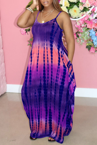Purple Sweet Print Split Joint Spaghetti Strap Sling Dress Dresses