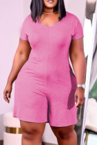 Macacão cor-de-rosa moda casual sólido básico com decote em V regular