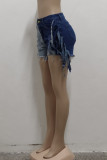 Blue Fashion Sexy Patchwork High Waist Jeans Hot Pants Tassel Ripped Fringed Denim Shorts