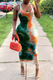 Orange Green Sexy Tie Dye Hollowed Out Patchwork U Neck Pencil Skirt Dresses