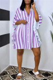 Paarse mode casual gestreepte print patchwork kraag overhemdjurk jurken