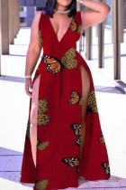 Borgonha sexy estampa patchwork abertura alta decote em V vestidos plus size