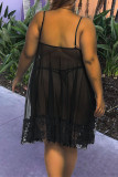 Schwarzes, sexy, einfarbiges Spitzen-Patchwork-Spaghettiträger-Sling-Kleid in Übergröße