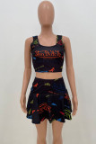 Orange Casual Letter Print Patchwork U Neck Sleeveless Two Pieces