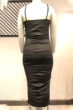 Black Sexy Solid Patchwork Fold Spaghetti Strap Sling Dress Plus Size Dresses