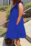 Vestido irregular con cuello oblicuo, color azul, sexy, liso, con retazos