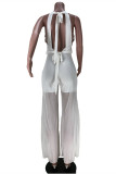 White Fashion Sexy Solid Patchwork Backless Halter Regular Jumpsuits