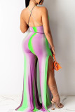 Purple Sexy Print Patchwork Frenulum Slit Halter Straight Jumpsuits