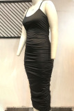 Zwart sexy effen patchwork vouw spaghettiband sling-jurk plus maten jurken