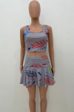 Lake Blue Casual Letter Print Patchwork U Neck Sleeveless Two Pieces
