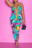 Multicolor Fashion Sexy Print Bandage ausgehöhlter rückenfreier Spaghetti-Träger Regular Jumpsuits