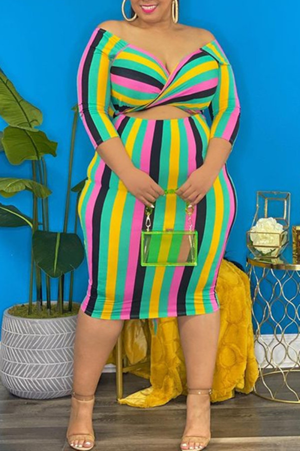 Colour Fashion Casual Plus Size Striped Print Hollowed Out V Neck Long Sleeve Dresses