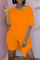Оранжевый модный повседневный сплошной разрез с V-образным вырезом и коротким рукавом из двух частей