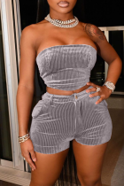 Grey Sexy Solid Split Joint Strapless Sleeveless Two Pieces