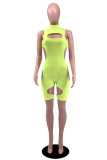 Fluorescent Green Fashion Sexy Solid Hollowed Out Turtleneck Skinny Romper