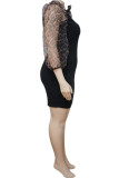 Black Sexy Leopard Patchwork See-through Ribbon Collar Wrapped Skirt Plus Size Dresses