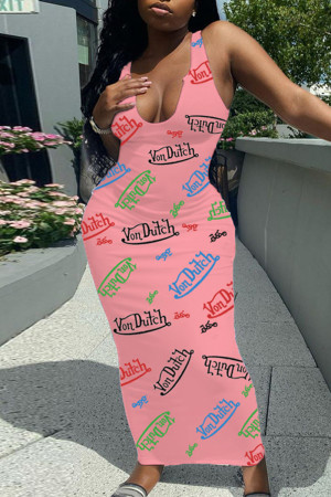 Розовое сексуальное повседневное базовое платье с U-образным вырезом и принтом букв