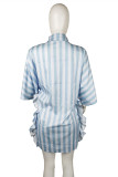 Ljusblått mode avslappnat randigt tryck lapptäcke Turndown krage skjortklänningar