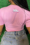 Camisetas rosa casual estampada patchwork com gola redonda e cintura média