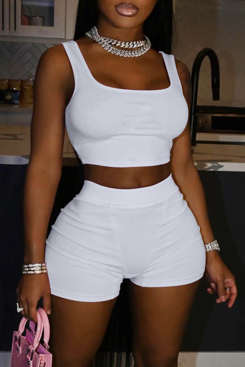 

White Casual Sportswear Solid Vests U Neck Sleeveless Two Pieces