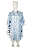 Bleu clair mode décontracté rayé imprimé patchwork col rabattu chemise robe robes