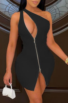 Schwarzes, sexy, solides, ausgehöhltes, ärmelloses Kleid mit Reißverschluss an einer Schulter