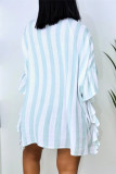 ライトブルーファッションカジュアルストライププリントパッチワークターンダウンカラーシャツドレスドレス