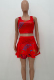 Red Casual Letter Print Patchwork U Neck Sleeveless Two Pieces