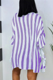 パープルファッションカジュアルストライププリントパッチワークターンダウンカラーシャツドレスドレス