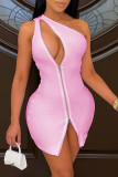 Roze mode sexy effen uitgeholde mouwloze mouwloze jurk met ritssluiting en één schouder